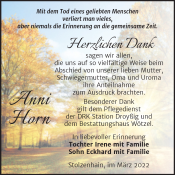 Traueranzeige von Anni Horn von Trauerkombi Zeitz