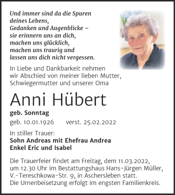Traueranzeige von Anni Hübert von Trauerkombi Aschersleben