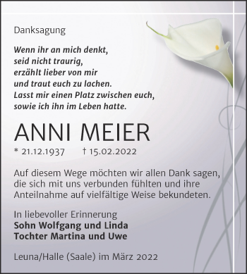 Traueranzeige von Anni Meier von Trauerkombi Merseburg