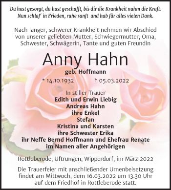 Traueranzeige von Anny Hahn von Trauerkombi Sangerhausen
