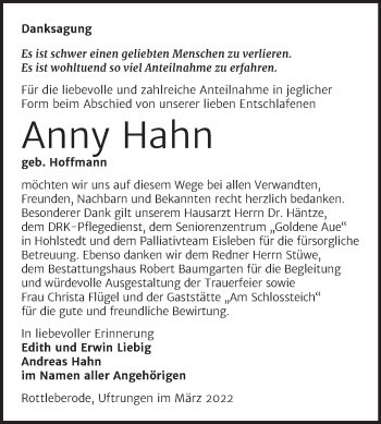 Traueranzeige von Anny Hahn von Trauerkombi Sangerhausen