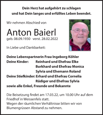 Traueranzeige von Anton Baierl von Trauerkombi Weißenfels