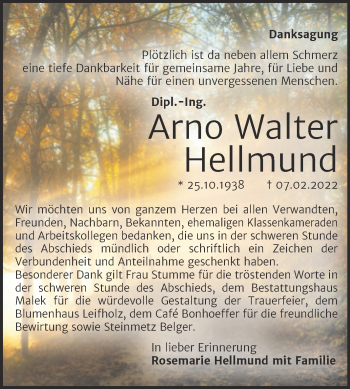 Traueranzeige von Arno Walter Hellmund von Trauerkombi Quedlinburg