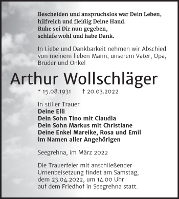 Traueranzeige von Arthur Wollschläger von Trauerkombi Wittenberg