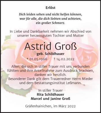 Traueranzeige von Astrid Groß von Trauerkombi Wittenberg
