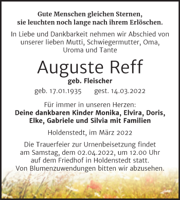 Traueranzeige von Auguste Reff von Trauerkombi Sangerhausen