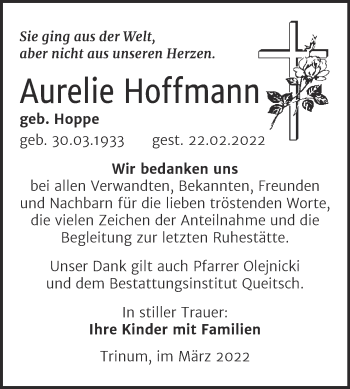 Traueranzeige von Aurelie Hoffmann von Trauerkombi Köthen