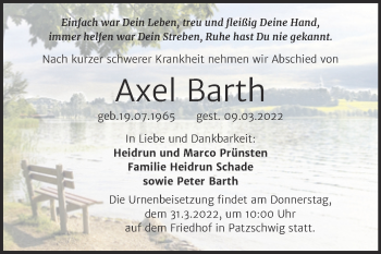 Traueranzeige von Axel Barth von Trauerkombi Wittenberg