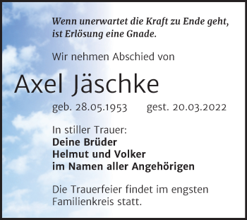 Traueranzeige von Axel Jäschke von Trauerkombi Bitterfeld