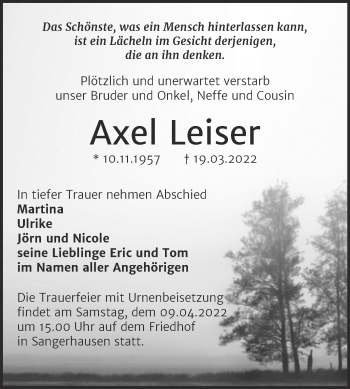 Traueranzeige von Axel Leiser von Trauerkombi Sangerhausen