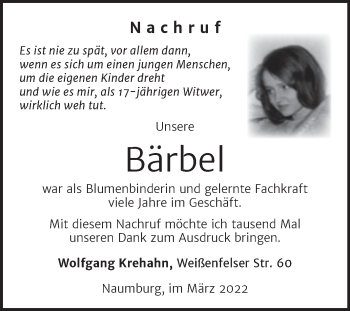 Traueranzeige von Bärbel  von Wochenspiegel Naumburg/Nebra