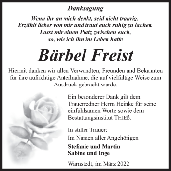 Traueranzeige von Bärbel Freist von Trauerkombi Quedlinburg