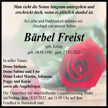 Traueranzeige von Bärbel Freist von Trauerkombi Quedlinburg