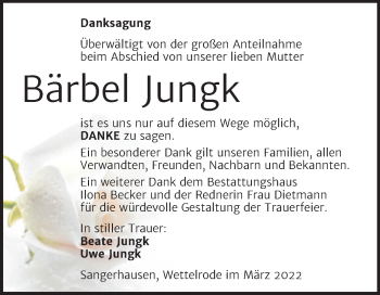 Traueranzeige von Bärbel Jungk von Trauerkombi Sangerhausen