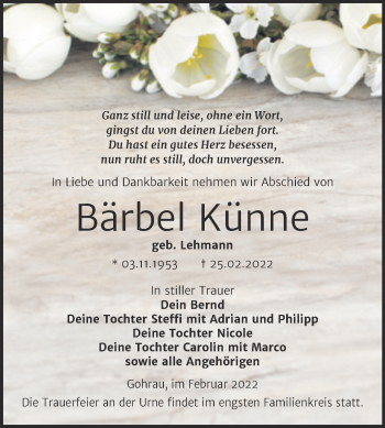 Traueranzeige von Bärbel Künne von Trauerkombi Wittenberg