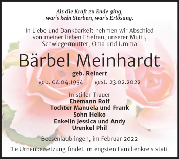 Traueranzeige von Bärbel Meinhardt von Trauerkombi Bernburg