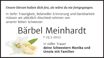 Traueranzeige von Bärbel Meinhardt von Trauerkombi Bernburg
