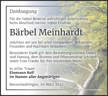 Traueranzeige von Bärbel Meinhardt von Trauerkombi Bernburg