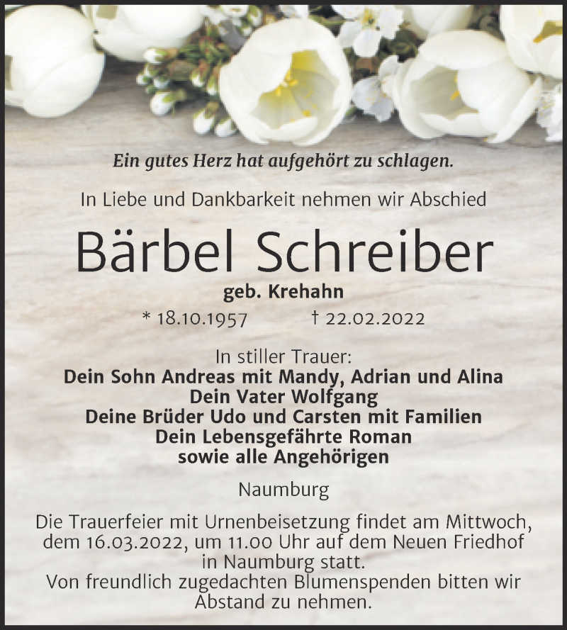  Traueranzeige für Bärbel Schreiber vom 02.03.2022 aus Wochenspiegel Naumburg/Nebra