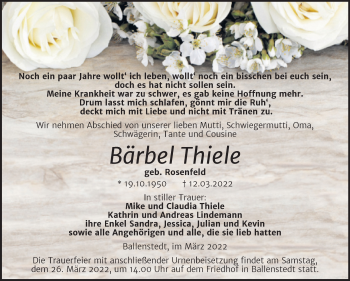 Traueranzeige von Bärbel Thiele von Trauerkombi Quedlinburg