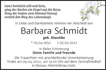 Traueranzeige von Barbara Schmidt von Trauerkombi Dessau