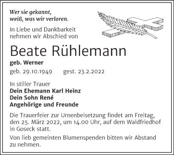 Traueranzeige von Beate Rühlemann von Trauerkombi Weißenfels
