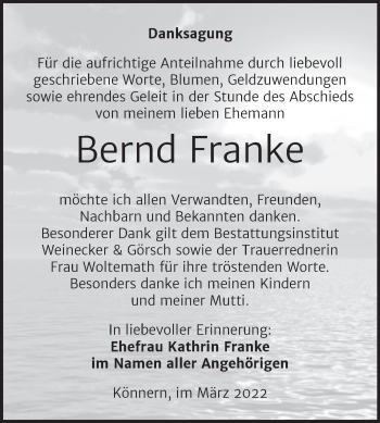 Traueranzeige von Bernd Franke von Trauerkombi Bernburg