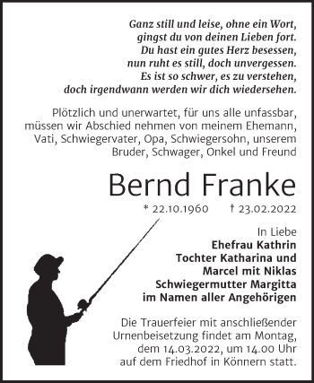 Traueranzeige von Bernd Franke von Trauerkombi Bernburg