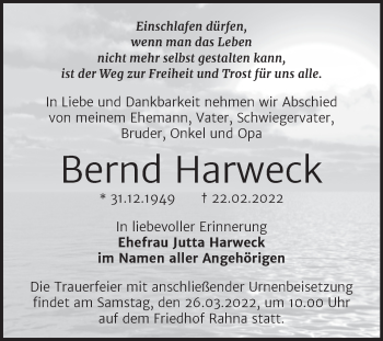 Traueranzeige von Bernd Harweck von Trauerkombi Weißenfels