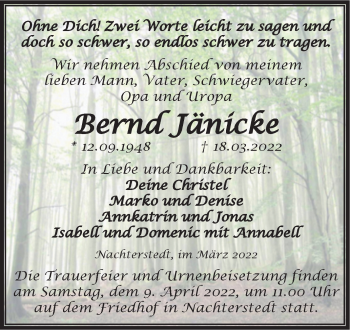 Traueranzeige von Bernd Jänicke von Trauerkombi Aschersleben