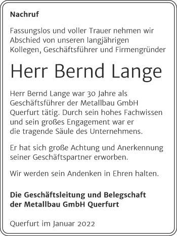 Traueranzeige von Bernd Lange von Wochenspiegel Merseburg/Querfurt