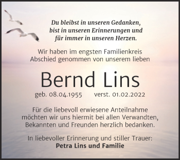 Traueranzeige von Bernd Lins von Trauerkombi Weißenfels