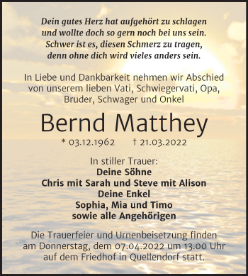 Traueranzeige von Bernd Matthey von Trauerkombi Köthen