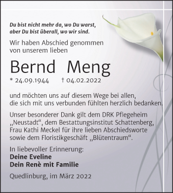 Traueranzeige von Bernd Meng von Trauerkombi Quedlinburg