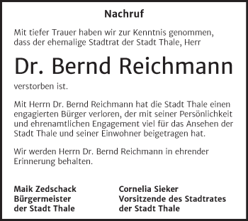 Traueranzeige von Bernd Reichmann von Mitteldeutsche Zeitung Quedlingburg