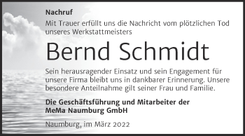Traueranzeige von Bernd Schmidt von Wochenspiegel Naumburg/Nebra