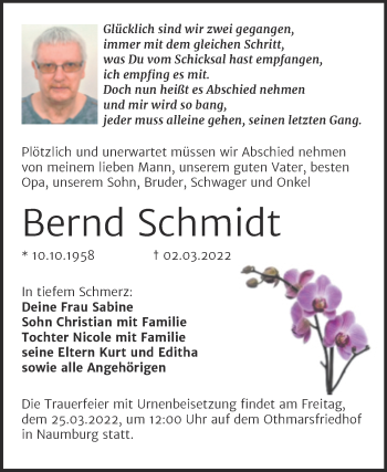 Traueranzeige von Bernd Schmidt von Wochenspiegel Naumburg/Nebra