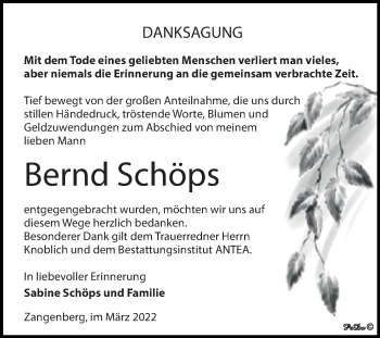 Traueranzeige von Bernd Schöps von Trauerkombi Zeitz