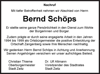 Traueranzeige von Bernd Schöps von Mitteldeutsche Zeitung Zeitz