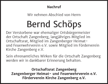 Traueranzeige von Bernd Schöps von Trauerkombi Zeitz