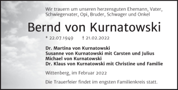 Traueranzeige von Bernd von Kurnatowski von Trauerkombi Wittenberg