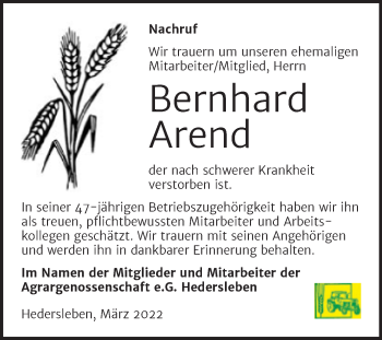 Traueranzeige von Bernhard Arend von Wochenspiegel Quedlingburg