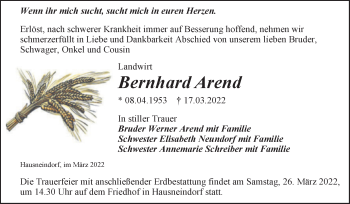 Traueranzeige von Bernhard Arend von Trauerkombi Quedlinburg