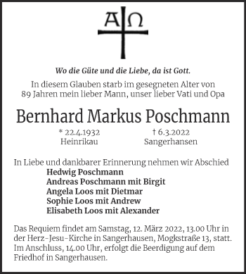 Traueranzeige von Bernhard Markus Poschmann von Mitteldeutsche Zeitung Sangerhausen