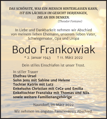 Traueranzeige von Bodo Frankowiak von Trauerkombi Weißenfels