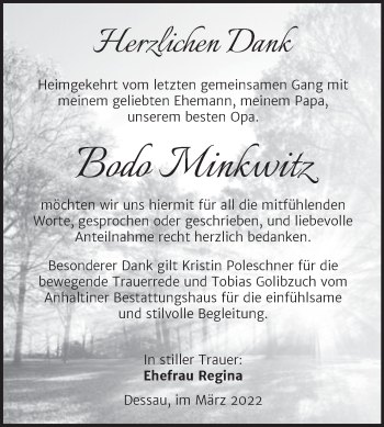 Traueranzeige von Bodo Minkwitz von Trauerkombi Dessau