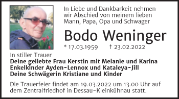 Traueranzeige von Bodo Weninger von Trauerkombi Dessau