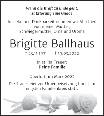 Traueranzeige von Brigitte Ballhaus von Mitteldeutsche Zeitung Merseburg/Querfurt