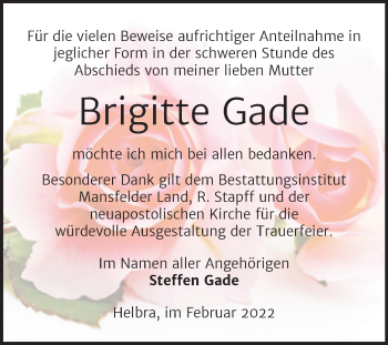 Traueranzeige von Brigitte Gade von Mitteldeutsche Zeitung Mansfelder Land