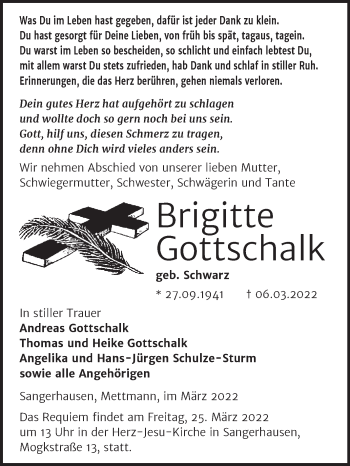 Traueranzeige von Brigitte Gottschalk von Trauerkombi Sangerhausen